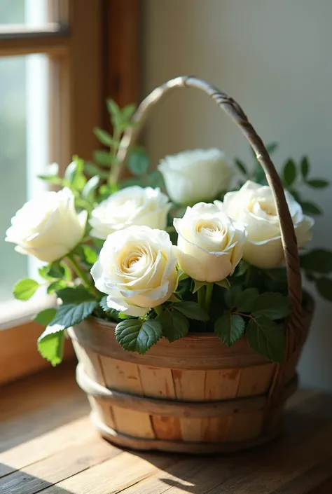 roses in white wooden basket in wondow