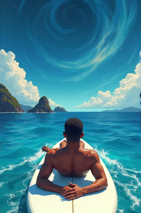  A brown man lying face down on a white surfboard, looking at the horizon where the Cies Islands are located .  The sky is like Van Goghs starry night painting  