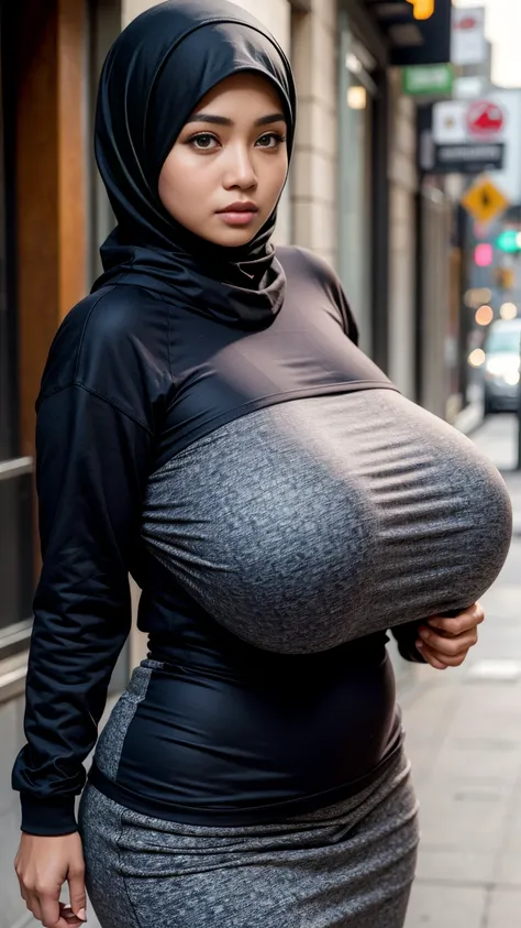 (Best quality, high resolution, masterpiece: 1.3), a beautiful malay woman in hijab, big breasts, slim figure, sweatshirt, beautifully presented details in the street and facial and skin texture, detailed eyes, double eyelids, big eyeschest visible, shirt ...