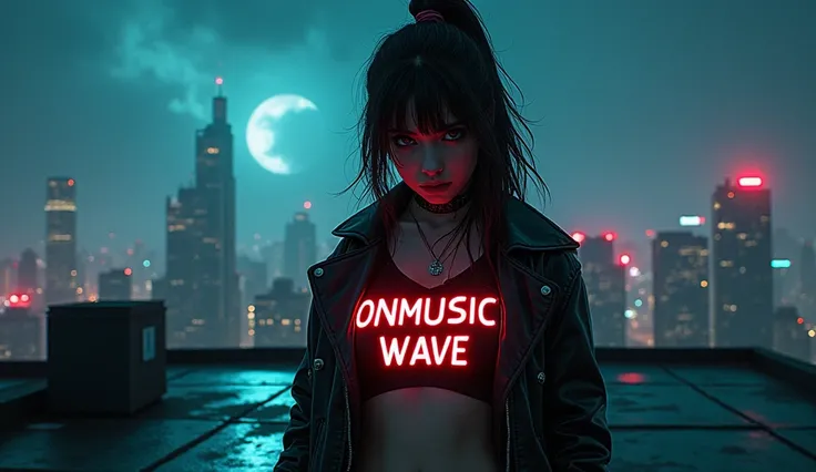 Digital artwork, concept art, a cyberpunk girl with ONMUSIC WAVE text on her chest, standing on rooftop with a dark dystopian city in the background, dynamic pose, fierce, comics style, extremely intricate, extremely detailed, ominous lighting, dramatic li...