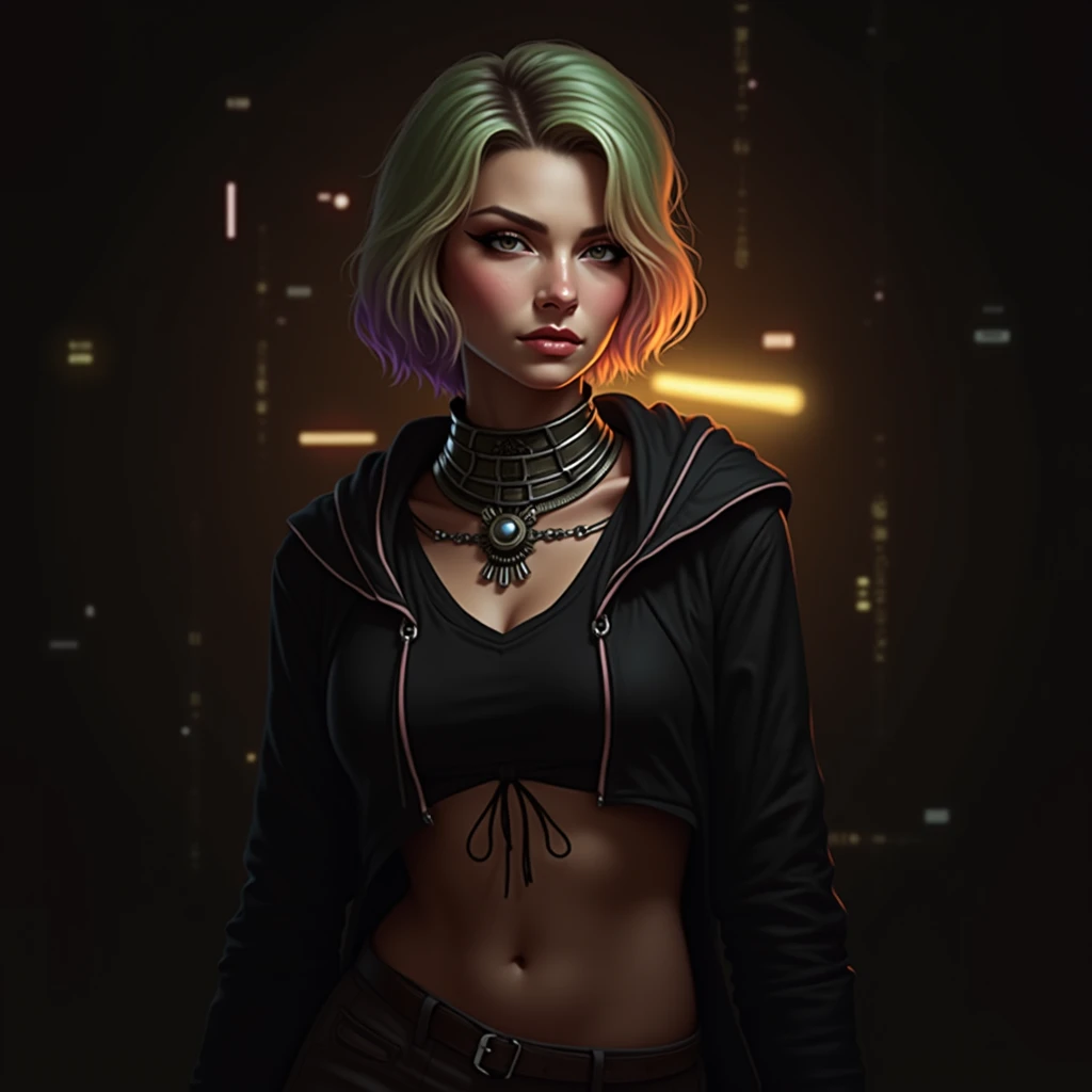  seins, , Borderlands videos games univers, assassins creed univers, collier, , vert, Violet, orange, Cheveux courts, aspects réels photo, Luis Royo art work picture, in a cyberpunk background,