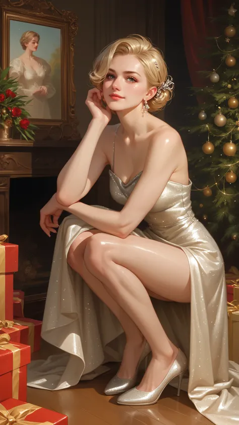 The elegant blonde in a sequined long dress squats sideways under the warm holiday lights, facing forward, with one hand naturally placed on her knee and her eyes looking straight ahead, showing a confident and noble temperament, surrounded by golden gift ...