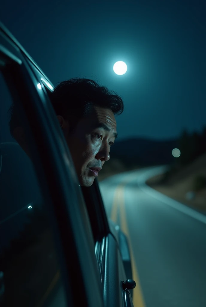 A man driving a car on the dark moonlit road pokes his head out of the drivers seat window, looking at something surprised by the back window, of Asian descent.