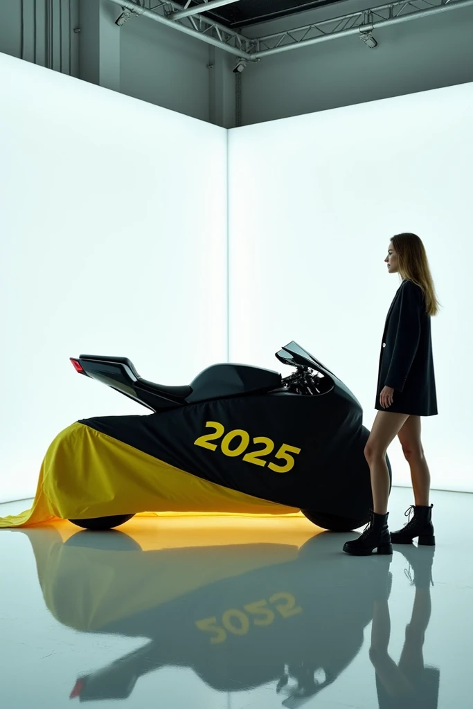 A sleek, modern ( ) taking center stage in a showroom, partially covered with a black and yellow cloth displaying a prominent (2025) logo, being unveiled by people. The bike is a vibrant  with a streamlined design, positioned in an clean and white indoor s...