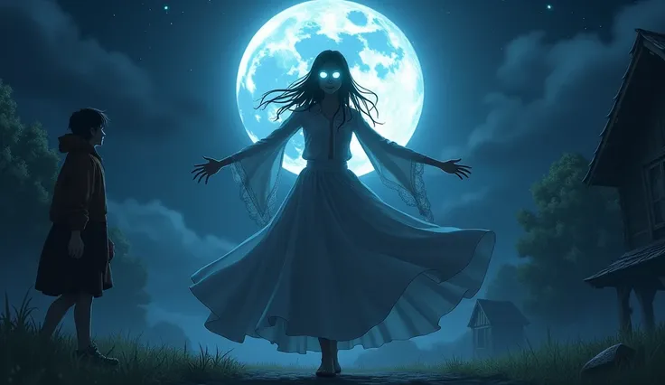 Image of a frightened villager watching Alina dance under a full moon, her eyes glowing.

Prompt: "A terrified villager watching Alina dance under the full moon, her eyes glowing white and her face twisted in a haunting expression."Anime 