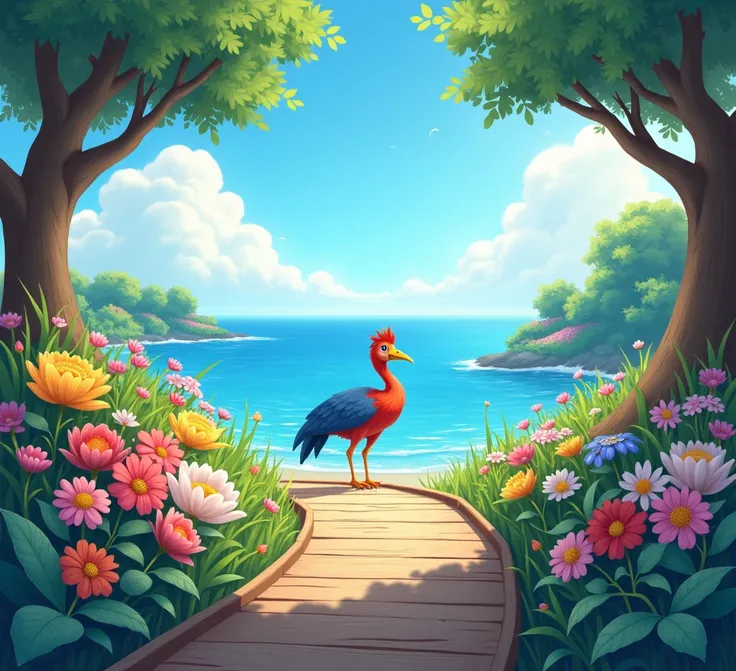 wooden path ,Around you, with colorful flowers for sky  ,  and down the path the blue sea , In the center of the image a bird species peace pomp 