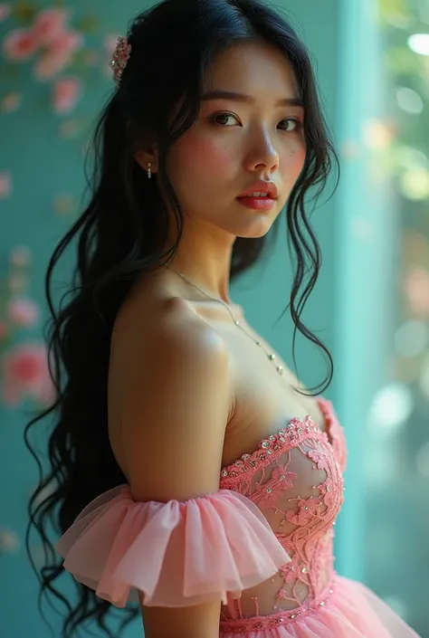  Side pose to create images of a 20-year-old woman, brown skin with freckles ,  long straight black hair,  wearing a princess-style dress , short,  furta color transparent , blue, green, rosa,  with small diamond stones in the V-neck ,  accompanied by very...