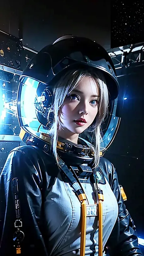 woman ,Golden white hair, blue eyes,,,((Black space suit:1.4)),((Upper Body))