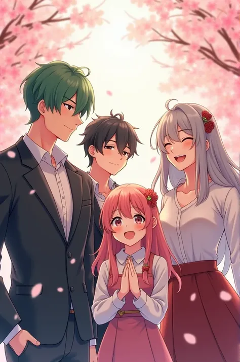 A handsome man with bright green hair, a handsome man with black hair, a pretty girl with pink hair, and a pretty girl with gray hair greet the new year with cherry blossoms