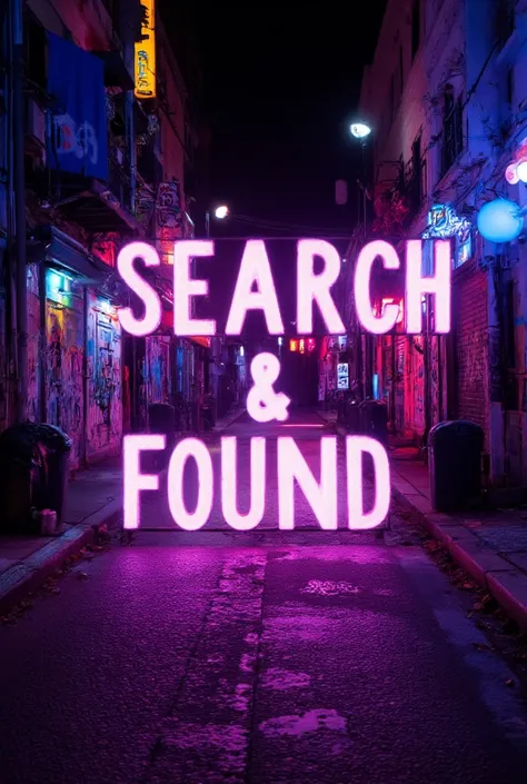 A vibrant neon-lit street at night, featuring bold SEARCH & FOUND text in the Stranger Back in the Night font. Colorful lights reflect off the wet pavement, creating an energetic atmosphere. The text dominates the foreground, glowing against the neon-infus...