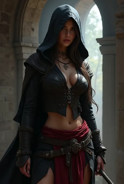 oeuvre d&#39;art d&#39;une femme super sexy dans une posture sursexualisée dans l&#39;univers d&#39;Assassin&#39;s Creed avec capuche dans la tête et vêtements sexy 