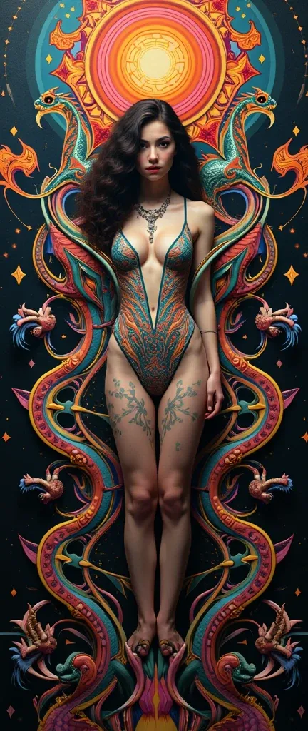 (Geometrically patterned art works)、background、 repetition、Pattern Art、woman、Trippy、黒っぽいbackground、(nsfw),A realistic and three-dimensional work, Dragons, 