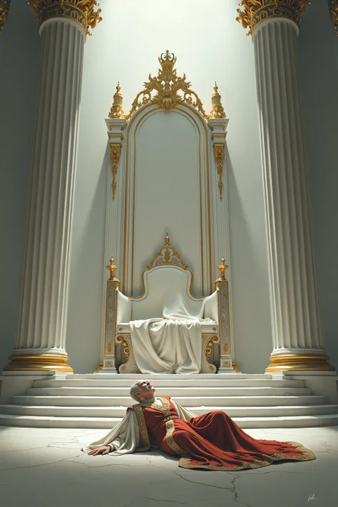 A king,  of fifty years , At the foot of a throne , Unconscious,  in a huge white room,  in a heroic fantasy world