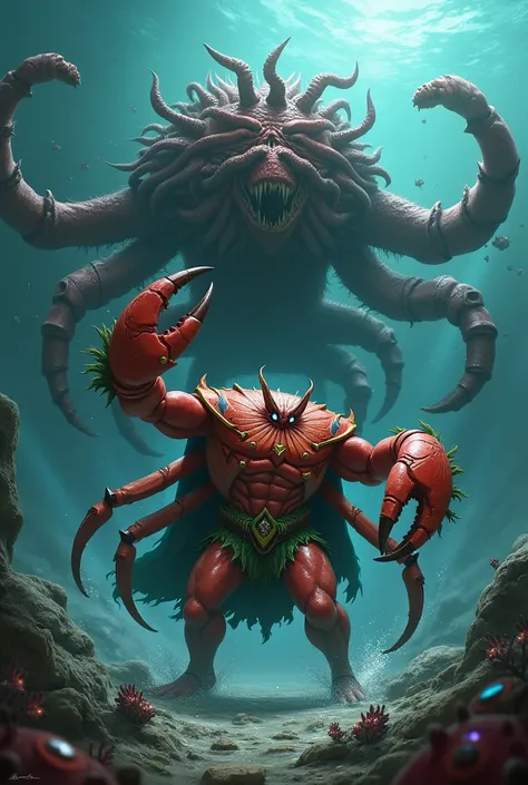 "superhero the crab man" and he fights against "evil deep " si mahluk laut dalam yang jahat evil deep  si perwujudan dari Kraken 

