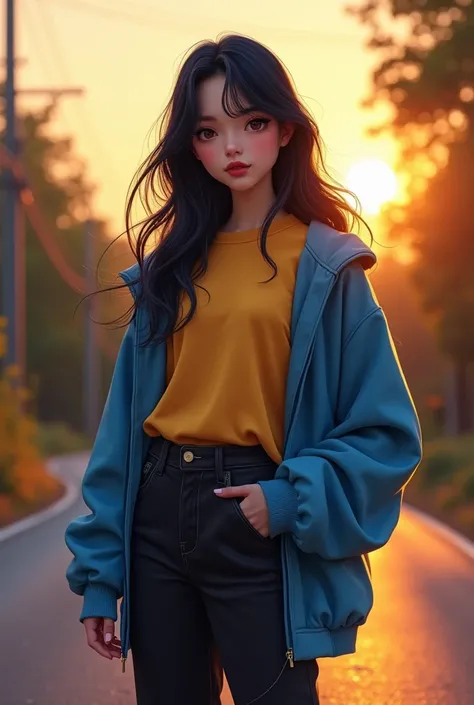 G teenage girl wearing a pent and stylish sweator upon jacket
 stylish yellow shirt standing on road beautifull evening black hairs long and blue jacket  realistic 