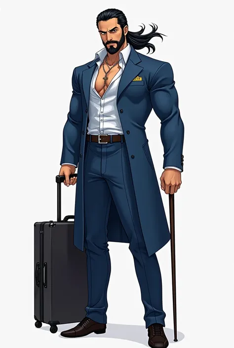 The man in this picture is tall and strong, wearing a blue suit with a white shirt that is unbuttoned at the top, revealing a necklace with a cross pendant. He has long hair tied loosely behind his back, and a beard that gives the appearance of a strong an...