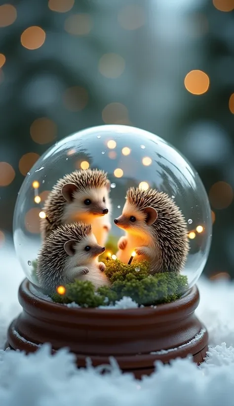 Realistic. Photorealistic. Image is vibrantly colored.
photo,Highly detailed 

A miniature snow globe containing several adorable hedgehogs, each curled up in a tiny, festive bed of moss. Miniature Christmas lights twinkle inside the globe. The background ...