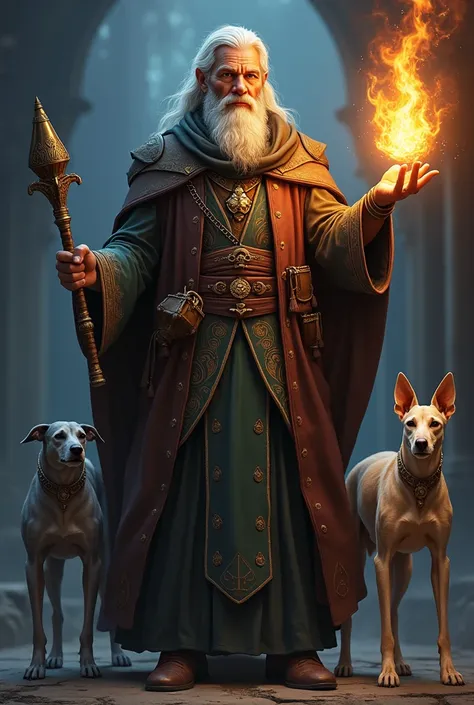 A 30 year old mage holding a wand in one hand in the other holding a magical flame with two greyhounds by his side one of them grey and other light brown