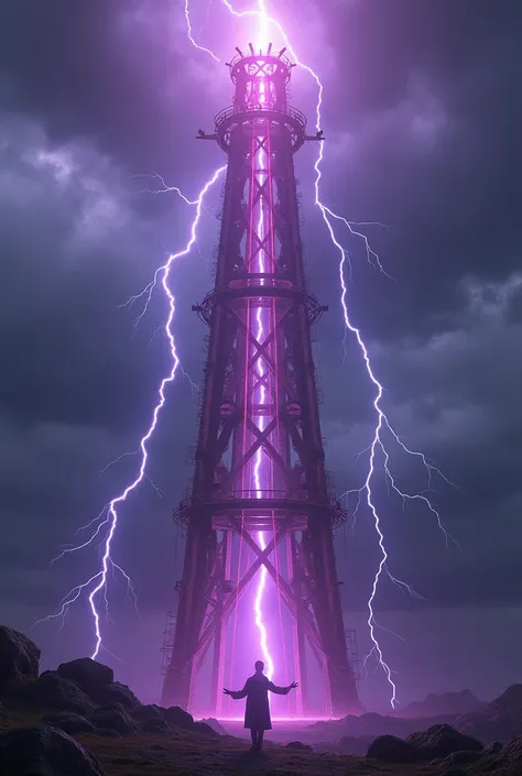  Make me a replica of Nikola Teslays tower that gives off violet rays.  And Nikola Tesla manipulated in lightning . 