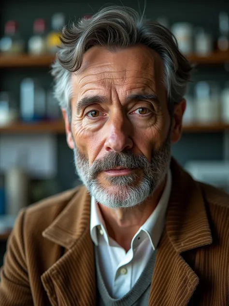  Realistic photo, Spanish man, 50 years, old face , ((((Without Beard))),  black eyes,  smart look, brown corduroy jacket , camisa blanca.  In the background a chemical laboratory.