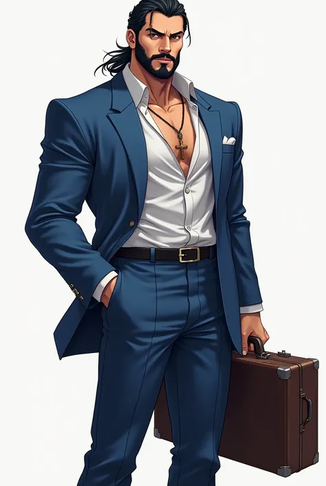 The man in this picture is tall and strong, wearing a blue suit with a white shirt that is unbuttoned at the top, revealing a necklace with a cross pendant. He has long hair tied loosely behind his back, and a beard that gives the appearance of a strong an...