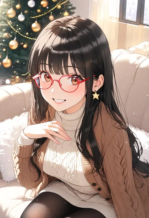 1girl, , brown eyes are shining and cute, black hair, long hair, extremely detailed neat hair,Straight hair, tareme, ((red-rimless eyewear:1.2)), star earrings, medium breasts, smile, blushful,  looking at viewer, long sleeves, sitting, pleated skirt, boot...