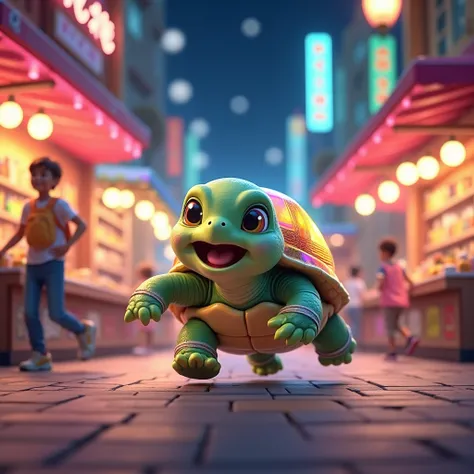 Happy, cute, cheerful, colorful running turtle, with night shopping arcade background 