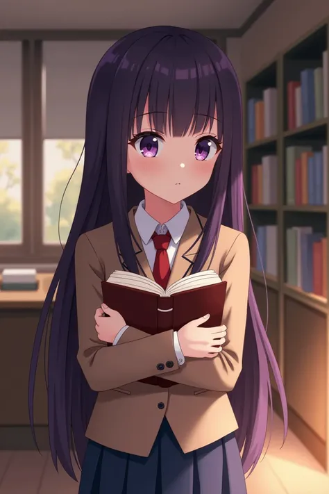 The illustration depicts a girl with long, dark purple, smooth hair that falls straight over her shoulders. She has large purple eyes with a slightly thoughtful expression and soft, delicate facial features. The girl is dressed in a school uniform: a brown...