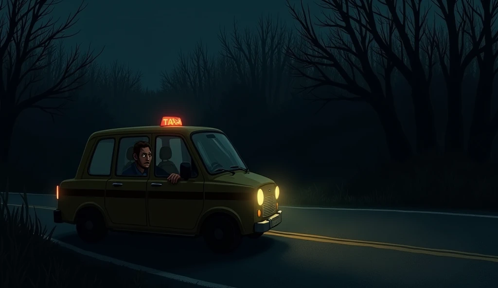 A  taxi stopped on the side of a dark highway in night, surrounded by leafless trees. The driver looks outside from window and says something.