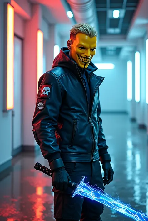  Full body film photograph a man wearing a smiling yellow 4D steampunk style face mask ,who seems vengeful . the man with a wet blonde left over cut wears a short navy blue leather jacket with electro ray effects covered with graffiti patches black cargo p...