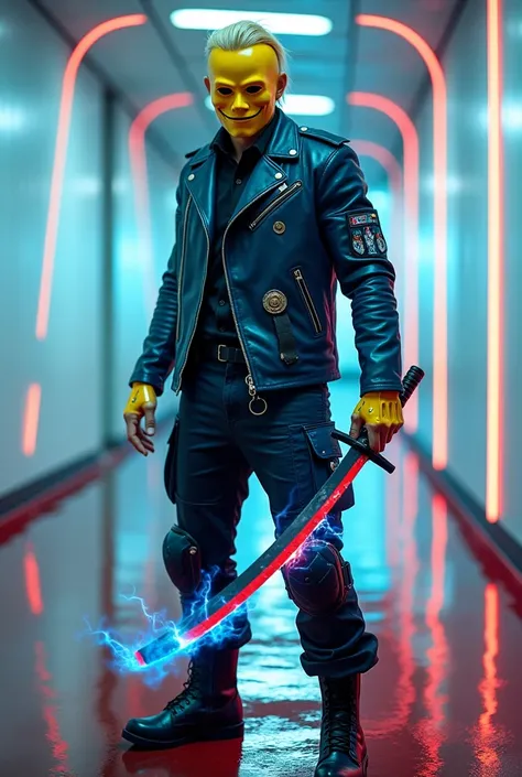  Full body film photograph a man wearing a smiling yellow 4D steampunk style face mask ,who seems vengeful . the man with a wet blonde left over cut wears a short navy blue leather jacket with electro ray effects covered with graffiti patches black cargo p...