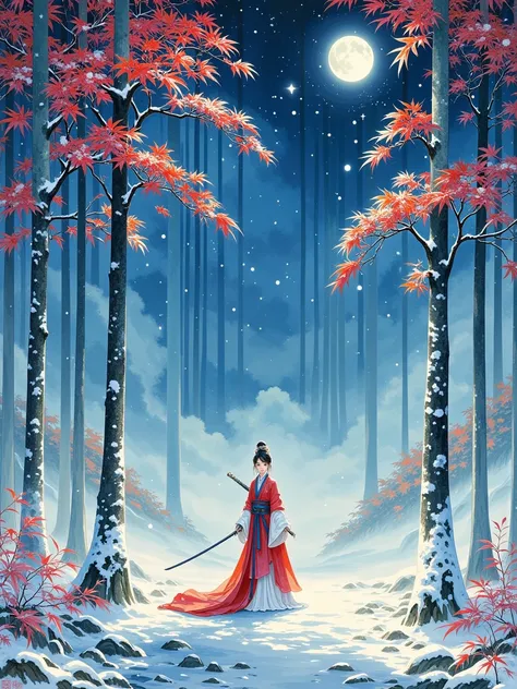  with Chinese art style ， In front of it is another river made entirely of fog ， A Chinese-style poster 、 composed of snowflakes and splashing ink ， that exudes immortal heroism 。 The image displayed inside the vent is a red tree hanging on a winter red tr...