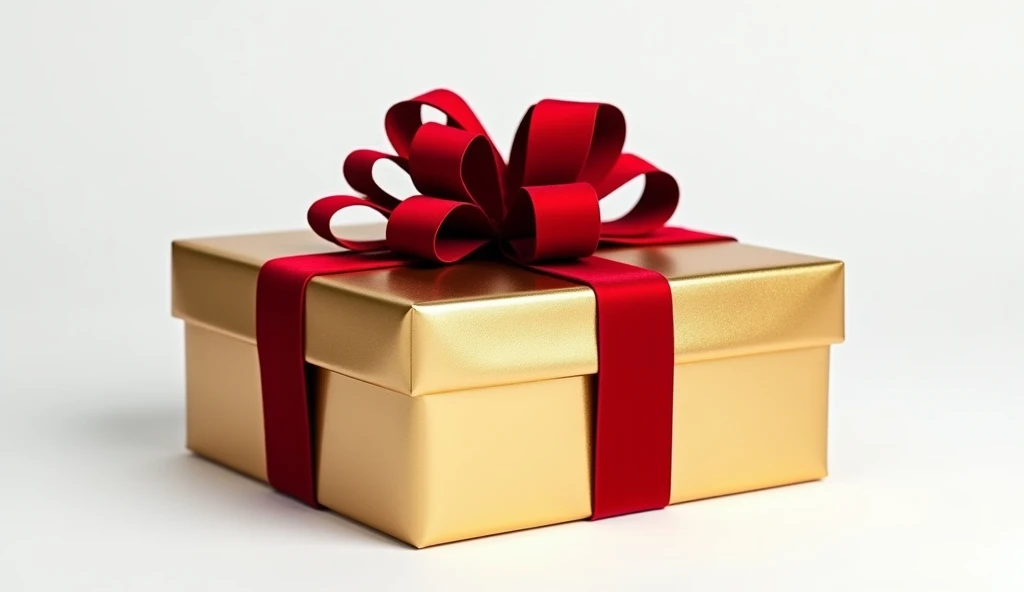 "A realistic depiction of a Christmas gift box wrapped in gold foil with a red velvet bow, lying on a pure white background. The texture and shine give it a premium, high-quality look."

