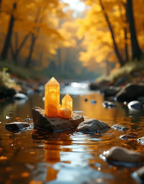  in the stream ， There are small gravel and pebbles next to the stream ，The background is an autumn ginkgo forest ， stream with half a pack of other minerals，The lower half of the citrine is cut into a column shape by putting a rough citrine in a ，Crystal ...