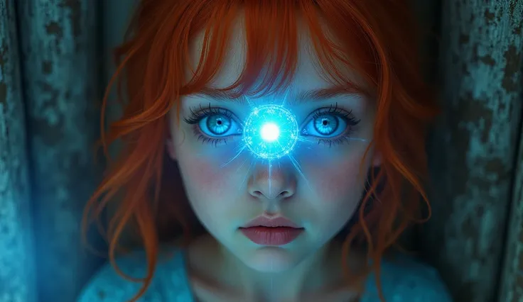 face, a red-haired girl looks fascinated by ,  a blue portal is reflected in her eyes 