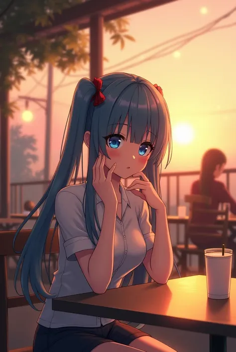 cafe table high resolution at dawn,  1 girl ,  shortcuts,  Ultra High Definition,  textured skin, bangs,  twin tails,  blue eyes, Chest Circumference, 