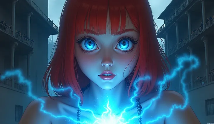 face, a red-haired girl looks fascinated by , blue radiance is reflected in the eyes, behind is a square with balconies and a crowd on balconies