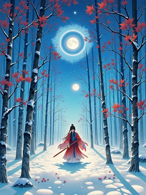  with Chinese art style ， In front of it is another river made entirely of fog ， A Chinese-style poster 、 composed of snowflakes and splashing ink ， that exudes immortal heroism 。 The image displayed inside the vent is a red tree hanging on a winter red tr...