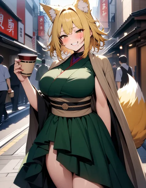 (masterpiece),(best quality),ultra-detailed,very aesthetic,high saturation,BREAK,1girl,30 years old,curvy,large breasts,tall,stout build,bewitching,(a fox tail),blonde fox ears,short hair,blonde hair,beautiful face,(brown eyes),half closed eyes,(messy hair...