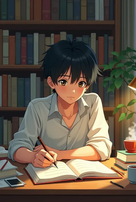 studying boy, black hair, light skin, anime, 18 years old, studio ghibli