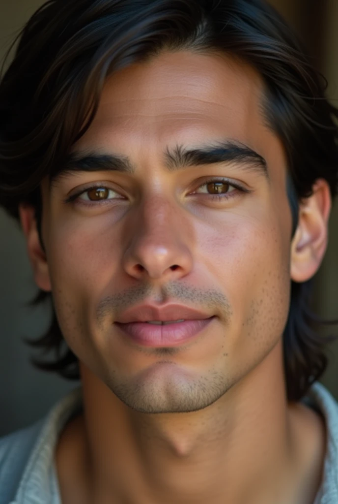  Young man, beautiful, Mexican, straight dark hair ,half.Close up for the camera.no beard.realistic