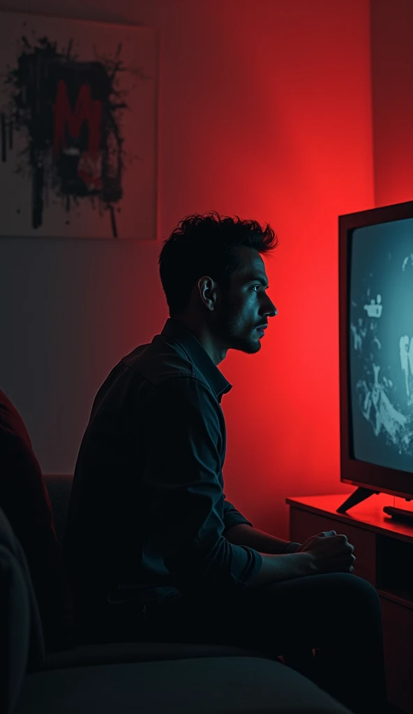 A noir style image of a man seen from the side watching TV, in a dark and introspective environment. The background is abstract with red brushstrokes and dark tones of black and gray, creating a dramatic and mysterious atmosphere. The lighting is from the ...