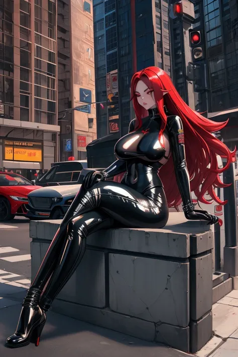 Street futuristic cars group young girls latex suit   . parting a war tank athletic body slim buttocks big breasts city very long hair red lace double nails long tattoos 