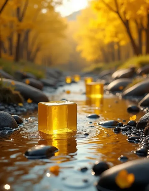  in the stream ， with small gravel and pebbles beside the stream ，The background is an autumn ginkgo forest ，There are some light lemon-colored citrine stones cut into columns in the stream，Crystal clear， Sunlight ，Warm tones， Perfect composition ， Ultra H...