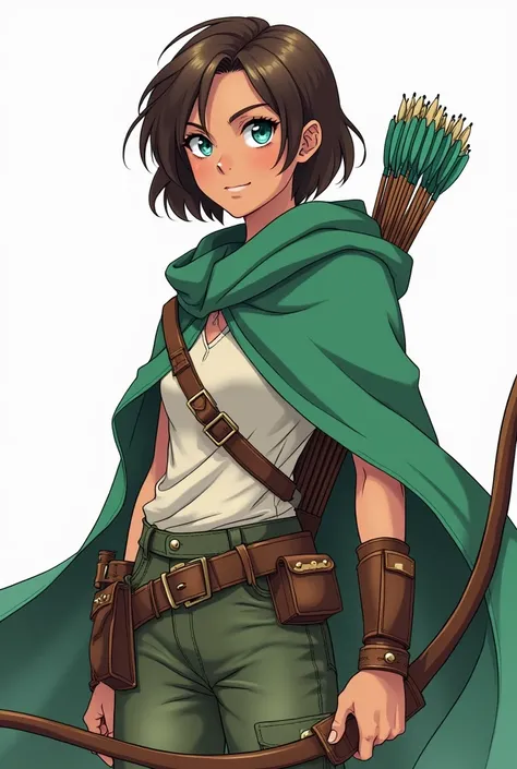 1 , 19 years old,  she is an adventurer , She wears a green cloak ,  brown skin color,  Blue Eyes,  short brown hair,  she carries a bow and arrows,  looking at the viewer, in anime line