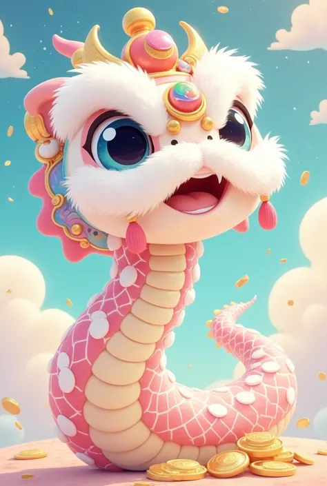 a cute cartoon snake wearing a fluffy white lion dance hat, closeup, ((( fuzzy lion dance hat ))), snake body and tail, fluffy clouds, golden coin rain, vibrant festive atmosphere, intricate, extremely ornate, detailed