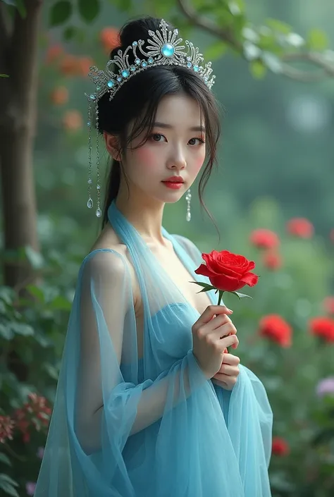 Beautiful Chinese woman wearing blue transparent clothes.close hair . Crown with jewels on her head.picking up a red rose from garden realistic photo 