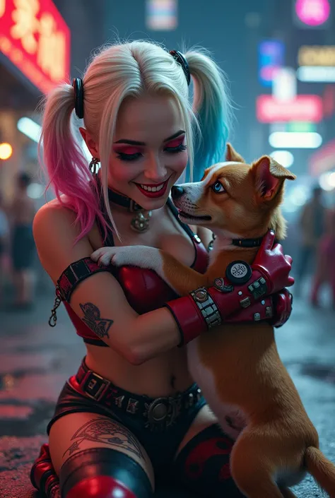 Harley Quinn pet a dog 