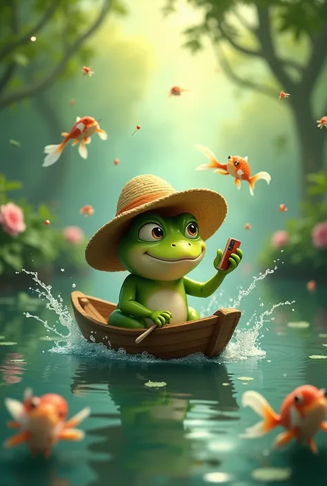  Disney classic style . Cartoon picture .  A little frog in a straw hat is sailing in a boat and takes pictures of goldfish with beautiful tails with his phone. magical .  rens illustration . 