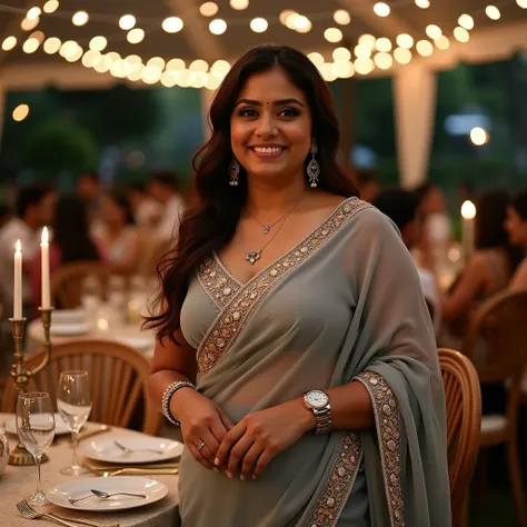 A beautiful medium chubby at the age of 40 to 45  stunning Indian woman  hour glass figure,fair skin, big side set breast,beautiful look, cute smile, looking on camera wearing Sabyasachi Gray Color Sequins Work Party Wear Designer Saree and matching sleeve...